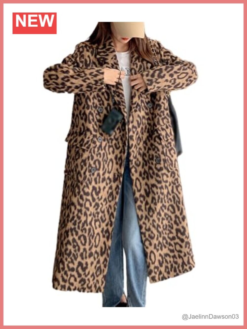 Wool Blend Leopard Print Long Trench Coat Double Breasted Pea Coat